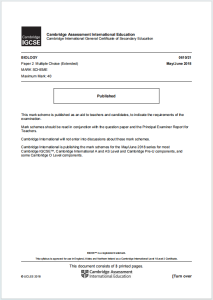 IGCSE生物2018年真题评分方案下载《Cambridge IGCSE Biology Paper 2 Multiple Choice Extended Mark Scheme May/June 2018》