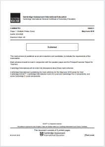 IGCSE化学2018年真题评分方案下载《Cambridge IGCSE Chemistry Paper 1 Multiple Choice Core MARK SCHEME May/June 2018》