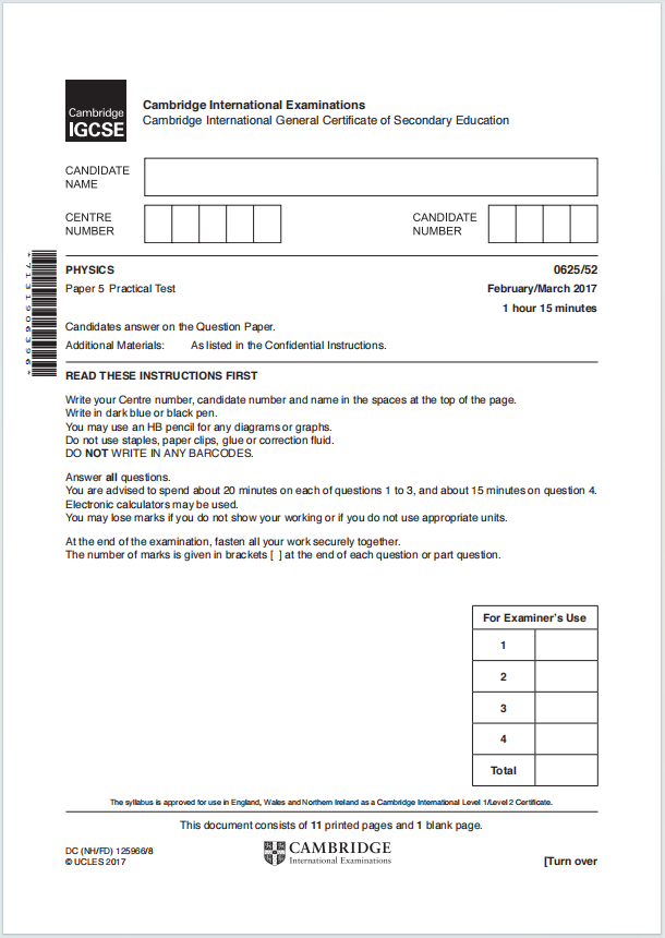IGCSE物理2017年真题下载《Cambridge IGCSE Physics Paper 5 Practical Test February/March 2017 》