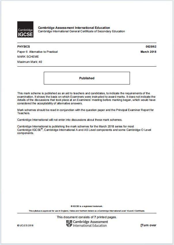 IGCSE物理2018年真题评分方案下载《Cambridge IGCSE Physics Paper 6 Alternative to Practical Mark Scheme March 2018》