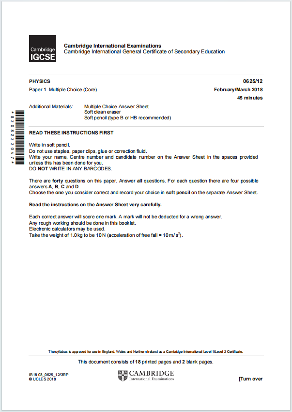 IGCSE物理2018年真题下载《Cambridge IGCSE Physics Paper 1 Multiple Choice Core February/March 2018》