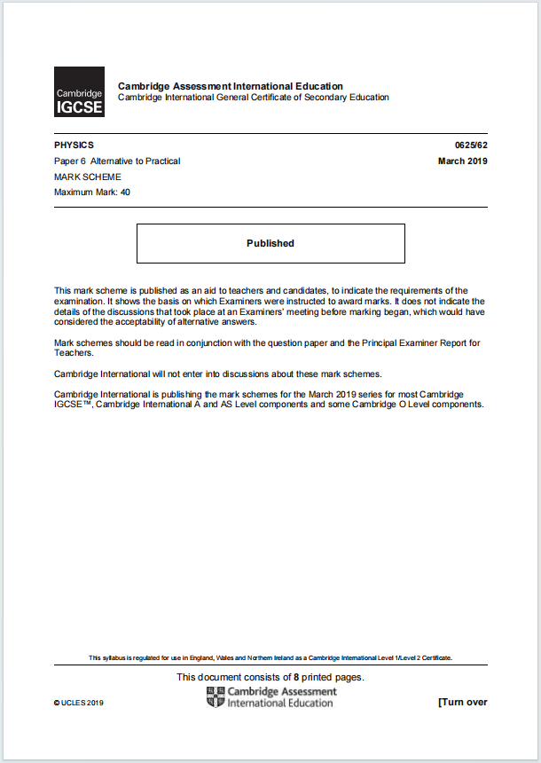IGCSE物理2019年真题评分方案下载《Cambridge IGCSE Physics Paper 6 Alternative to Practical Mark Scheme March 2019》