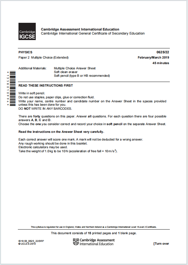 IGCSE物理2019年真题下载《Cambridge IGCSE Physics Paper 2 Multiple Choice Extended February/March 2019》