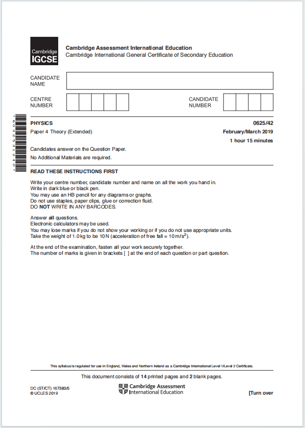 IGCSE物理2019年真题下载《Cambridge IGCSE Physics Paper 4 Theory Extended February/March 2019》