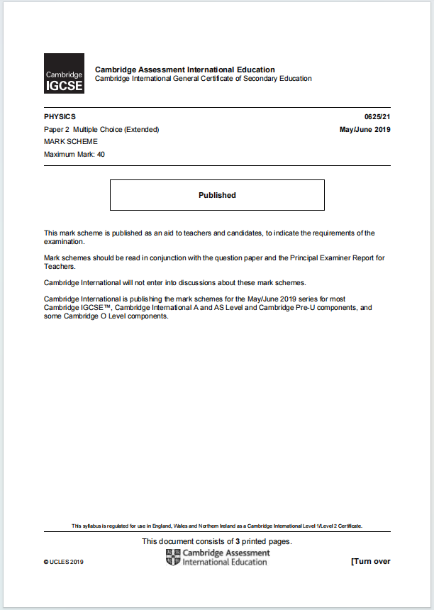 IGCSE物理2019年真题评分方案下载《Cambridge IGCSE Physics Paper 2 Multiple Choice Extended Mark Scheme May/June 2019》