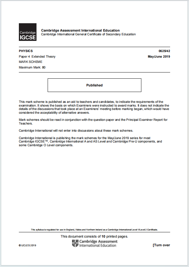 IGCSE物理2019年真题评分方案下载《Cambridge IGCSE Physics Paper 4 Extended Theory Mark Scheme May/June 2019》