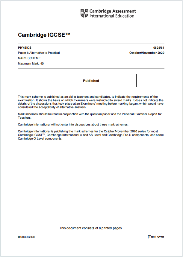 IGCSE物理2020年真题评分方案下载《Cambridge IGCSE Physics Paper 6 Alternative to Practical Mark Scheme October/November 2020》