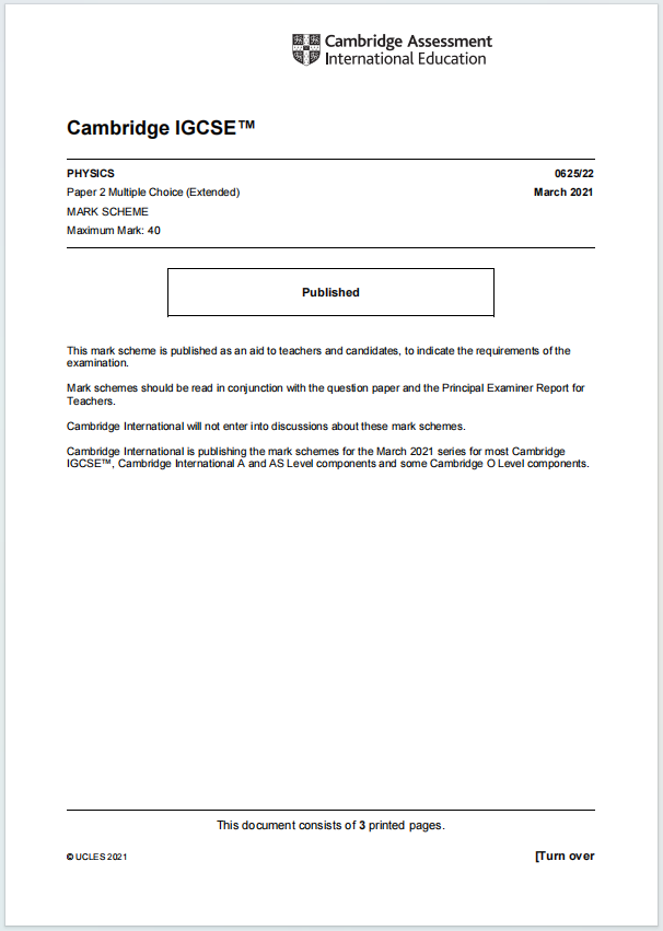 IGCSE物理2021年真题评分方案下载《Cambridge IGCSE Physics Paper 2 Multiple Choice Extended Mark Scheme March 2021》