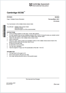 IGCSE物理2021年真题下载《Cambridge IGCSE Physics Paper 2 Multiple Choice Extended February/March 2021》