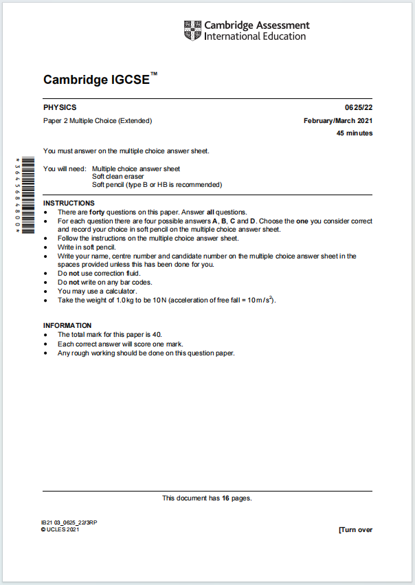 IGCSE物理2021年真题下载《Cambridge IGCSE Physics Paper 2 Multiple Choice Extended February/March 2021》