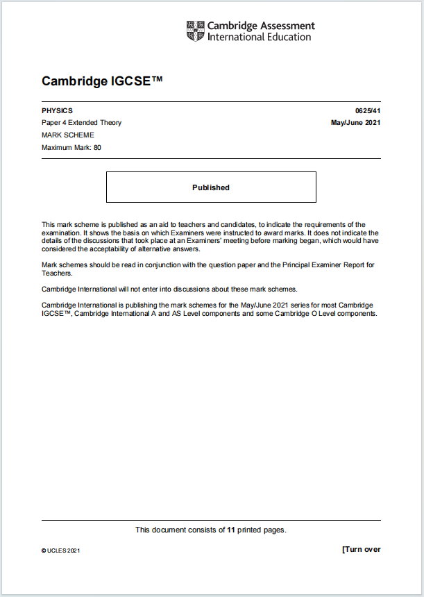 IGCSE物理2021年真题评分方案下载《Cambridge IGCSE Physics Paper 4 Extended Theory Mark Scheme May/June 2021》