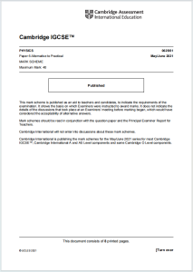 IGCSE物理2021年真题评分方案下载《Cambridge IGCSE Physics Paper 6 Alternative to Practical Mark Scheme May/June 2021》