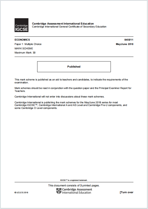 IGCSE经济学2018年真题评分方案下载《Cambridge IGCSE Economics Paper 1 Multiple Choice Mark Scheme May/June 2018》