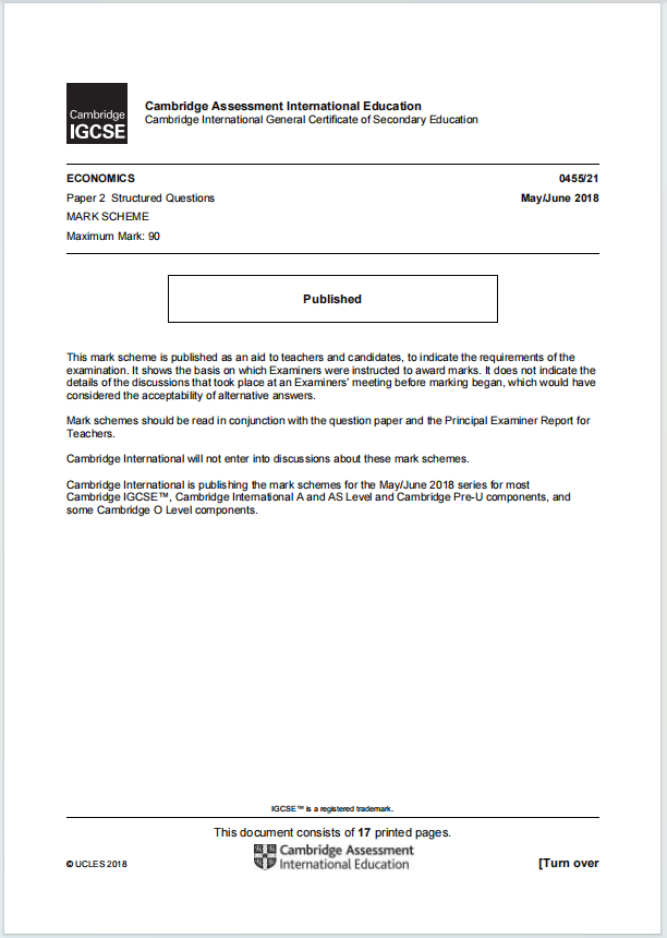 IGCSE经济学2018年真题评分方案下载《Cambridge IGCSE Economics Paper 2 Structured Questions Mark Scheme May/June 2018》