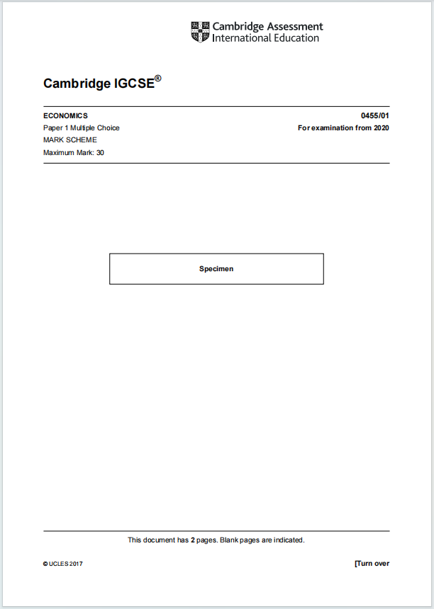 IGCSE经济学2020年真题评分方案下载《Cambridge IGCSE Economics Paper 1 Multiple Choice Mark Scheme For examination from 2020》
