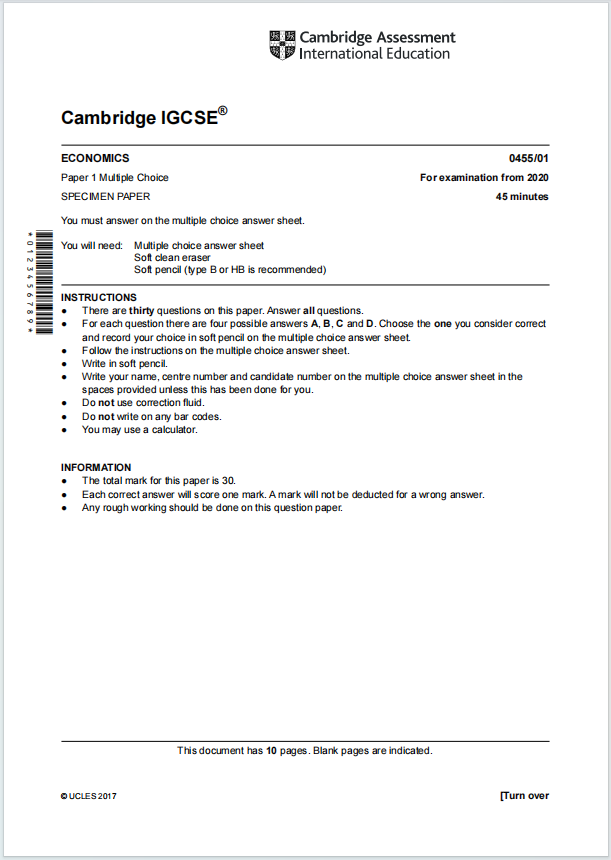IGCSE经济学2020年真题下载《Cambridge IGCSE Economics Paper 1 Multiple Choice For examination from 2020》