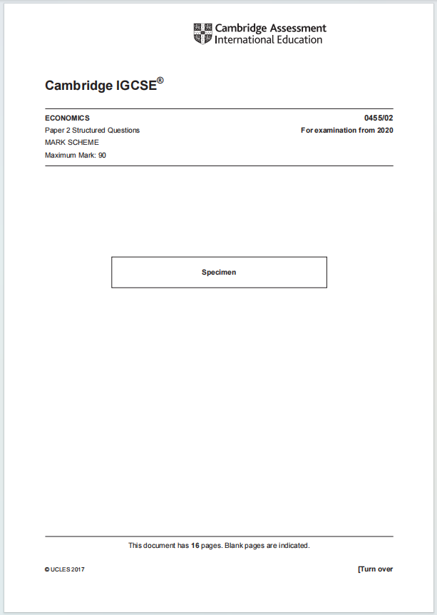 IGCSE经济学2020年真题评分方案下载《Cambridge IGCSE Economics Paper 2 Structured Questions Mark Scheme For examination from 2020》