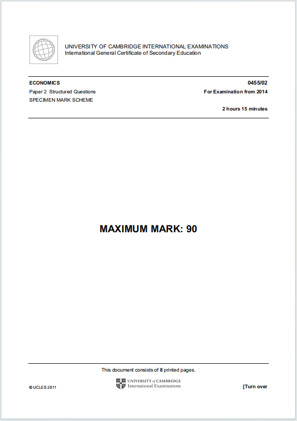 IGCSE经济学2014年真题评分方案下载《Cambridge IGCSE Economics Paper 2 Structured Questions Mark Scheme For Examination from 2014》