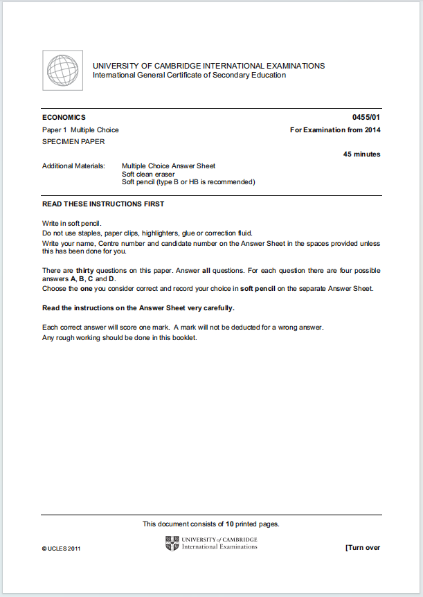 IGCSE经济学2014年真题下载《Cambridge IGCSE Economics Paper 1 Multiple Choice For Examination from 2014》
