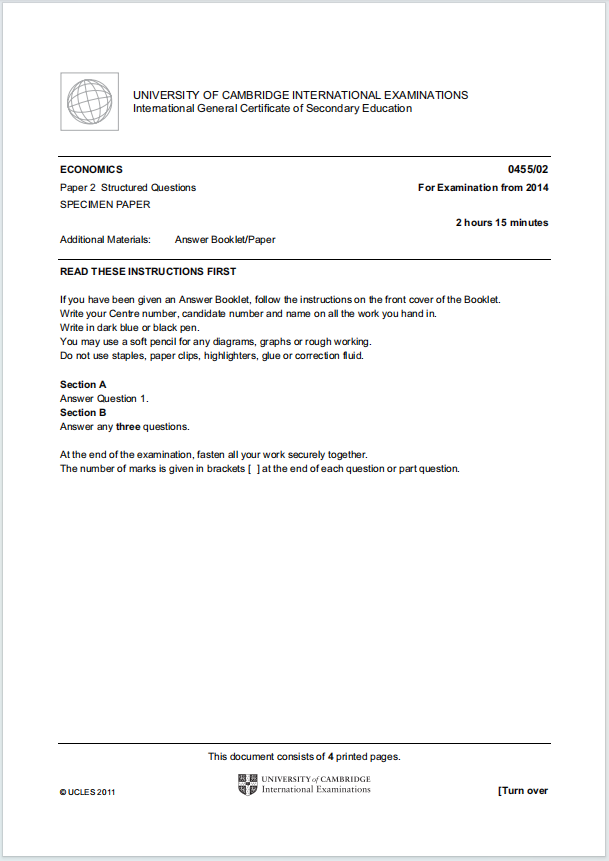 IGCSE经济学2014年真题下载《Cambridge IGCSE Economics Paper 2 Structured Questions For Examination from 2014》